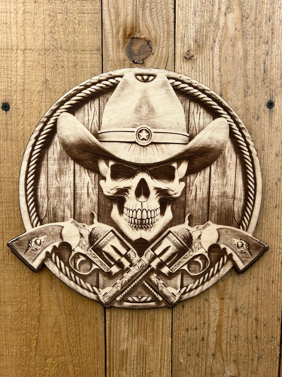 Cowboy Skull with Revolvers 3D Illusion Laser Engraving