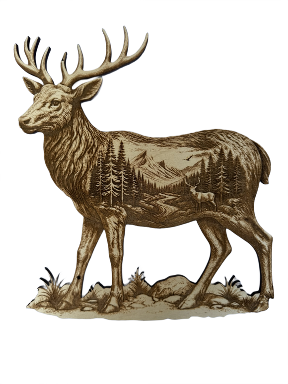 3D illusion deer laser burned into baltic birch wood