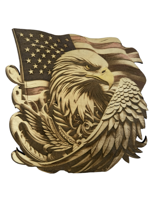 Wooden wall art with an eagle and American flag design on a white background