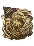 Wooden wall art with an eagle and American flag design on a white background