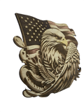 Wooden wall art with an American flag and eagle design on a white background