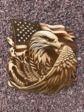 Wooden plaque with an eagle and American flag design on a textured surface