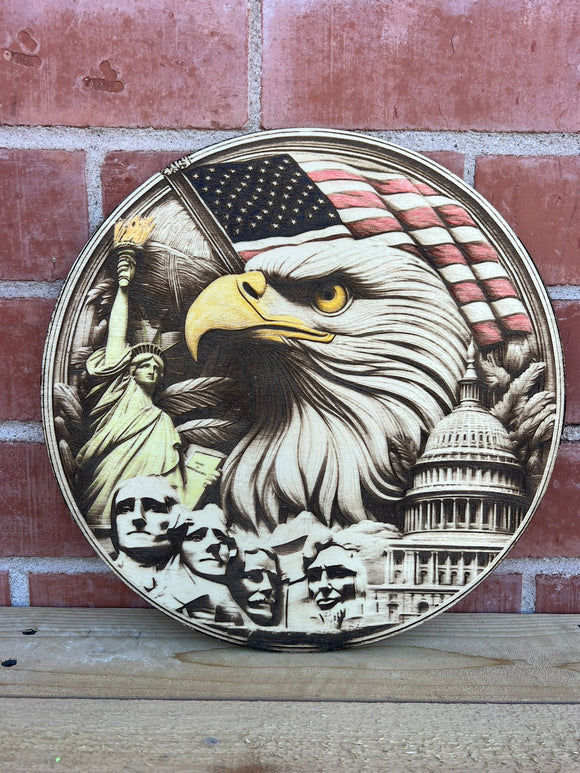 Laser-Engraved American Icons Round Plaque on 1/4