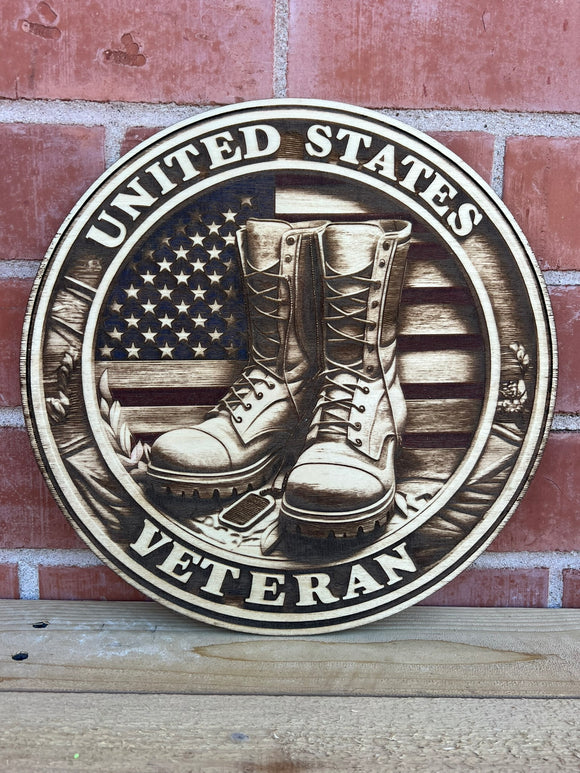 Laser-Engraved United States Veteran Boots & Flag Round Plaque on 1/4