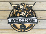 Highland Cow Welcome Sign – 18" Round