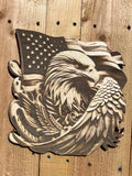 Wooden wall art of an eagle with an American flag on a wooden background