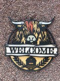Highland Cow Welcome Sign – 18" Round (Personalizable)