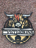 Highland Cow Welcome Sign – 18" Round (Personalizable)
