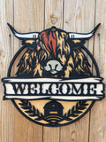 Highland Cow Welcome Sign – 18" Round (Personalizable)