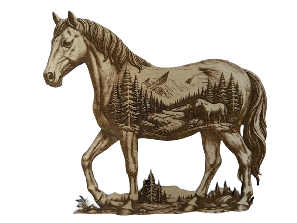 3D illusion double exposure of a horse with a mountain scene inner image, laser burned into wood.