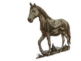 3D illusion double exposure of a horse with a mountain scene inner image, laser burned into wood, shown at an angle
