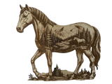 3D illusion double exposure of a horse with a mountain scene inner image, laser burned into wood.